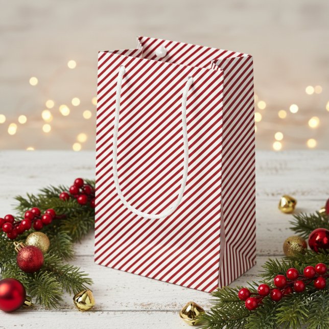 Sacola Para Presentes Pequena Listras Leves Vermelhas e Brancas Elegantes (Elegant & Modern Red and White Gift Bags. Classic Festive Thin Stripes for Xmas Party. Trendy Lines)