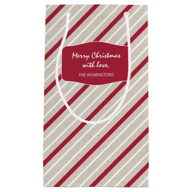 Sacola Para Presentes Pequena Listras Vermelhas, Brancas e Beiges (Frente)