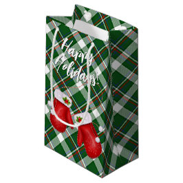 Sacola Para Presentes Pequena Luvas de Papai Noel no padrão xadrez vermelho e ve
