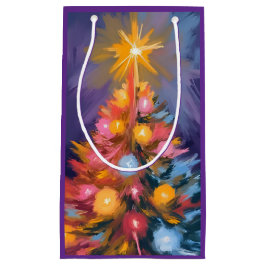 Sacola Para Presentes Pequena Luzes Coloridas de Natal da Árvore em Aquarela
