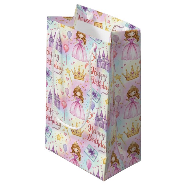 Sacola Para Presentes Pequena Magia Princesa Birthday Watercolor Design (Frente inclinada)