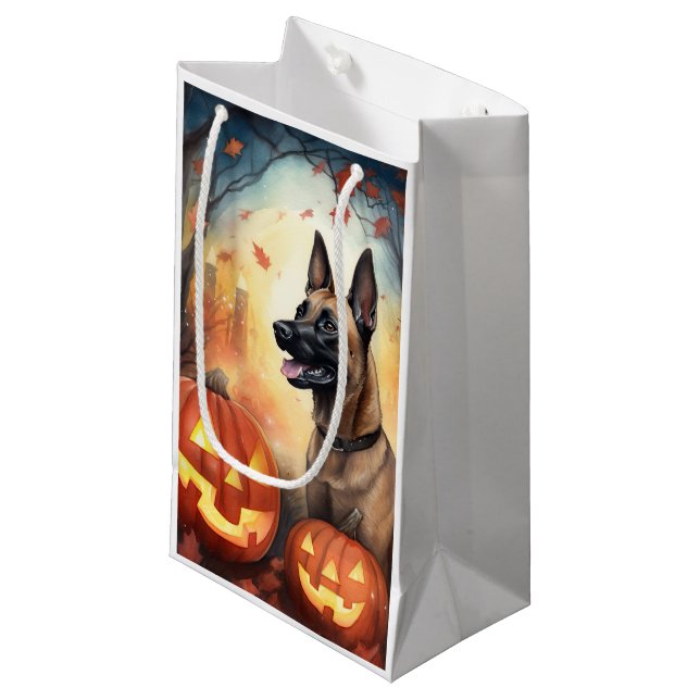 Sacola Para Presentes Pequena Malinoi Belga Halloween Com Pumpkins Assustado (Frente inclinada)
