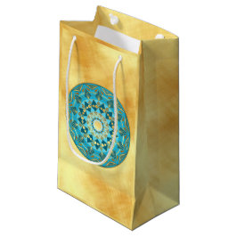 Sacola Para Presentes Pequena Mandala azul dourado em Fundo de Ouro Suave