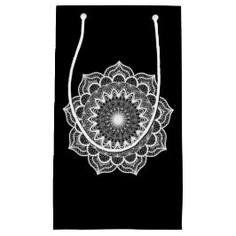Sacola Para Presentes Pequena Mandala branca em fundo preto