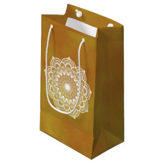 Sacola Para Presentes Pequena Mandala Branco em Fundo Dourado