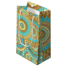 Sacola Para Presentes Pequena Mandala Sobreposto Azul Marrom Dourado