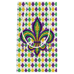 Sacola Para Presentes Pequena Mardi Gras fleur de lis, verde-púrpura