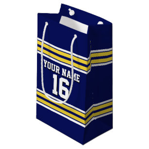 Sacola Para Presentes Pequena Marinho Azul com Equipe de Stripes Brancas Amarela