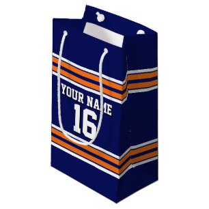 Sacola Para Presentes Pequena Marinho Azul com Equipe de Stripes Brancas Laranja