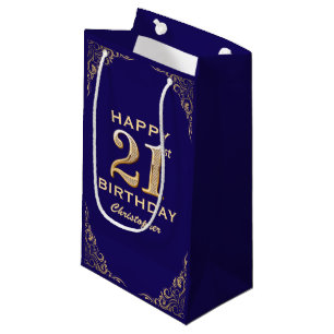 Sacola Para Presentes Pequena Marinho de aniversário de 21 anos azul e brilho Do