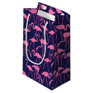 Sacola Para Presentes Pequena Marinho e teste padrão cor-de-rosa do flamingo