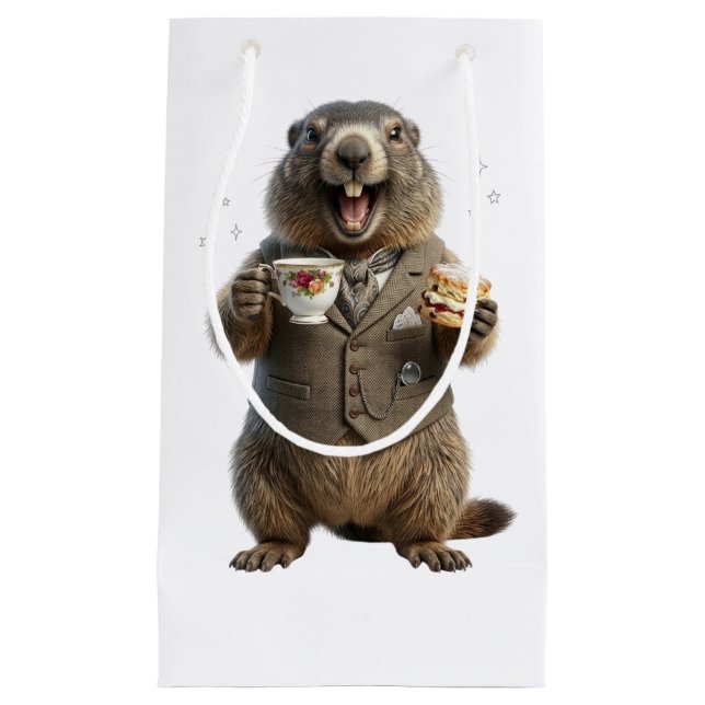 Sacola Para Presentes Pequena Marmota Bebendo Chá (Frente)