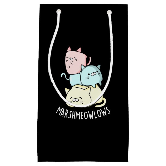 Sacola Para Presentes Pequena Marsh-meow Engraçado Gato Marshmallow Pun Dark BG (Frente)