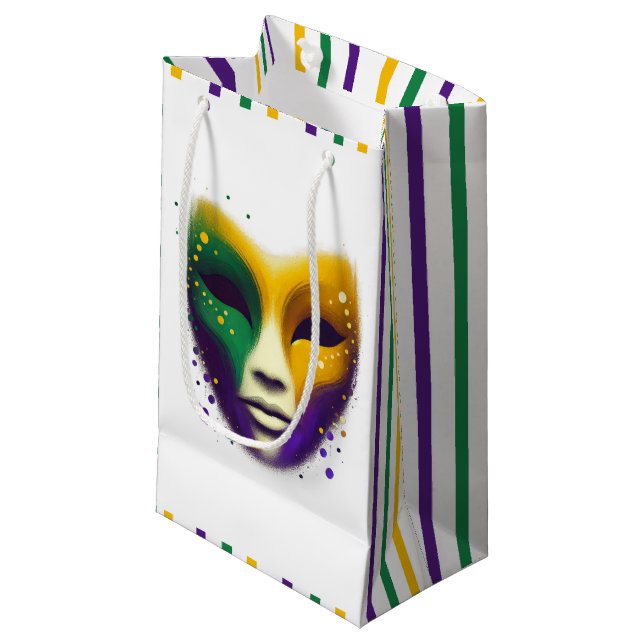 Sacola Para Presentes Pequena Máscara verde-roxa Mardi Gras (Frente inclinada)