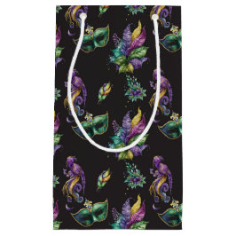 SACOLA PARA PRESENTES PEQUENA MÁSCARAS E PENAS DE GRÁFICOS MARDI DOURADOS, PURPA