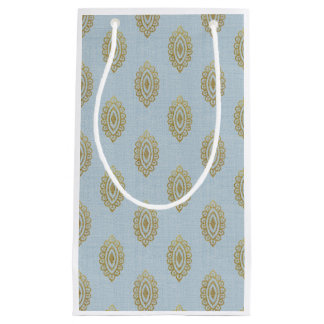 Sacola Para Presentes Pequena Medalhão de Ikat com Glittery - Sky Blue & Dourado