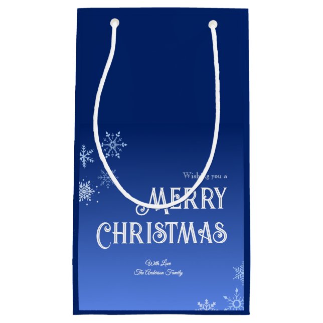 Sacola Para Presentes Pequena Merry Christmas Blue Modern Snowflake (Frente)
