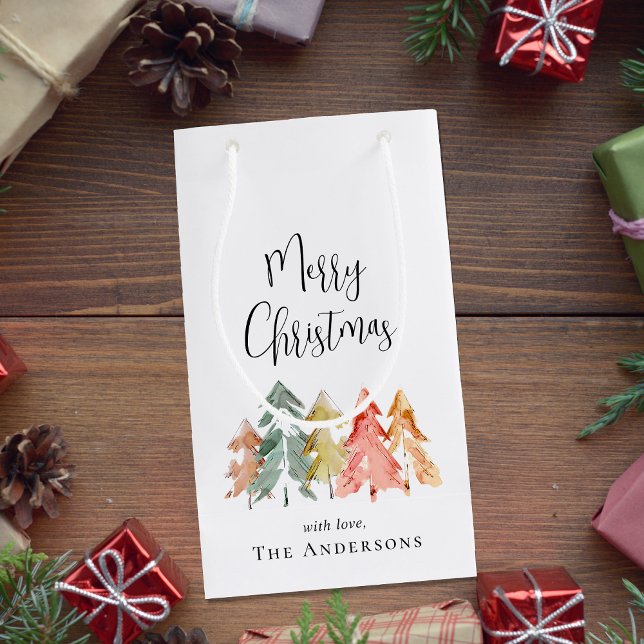 Sacola Para Presentes Pequena Merry Christmas Pine Tree Watercolor (Criador carregado)