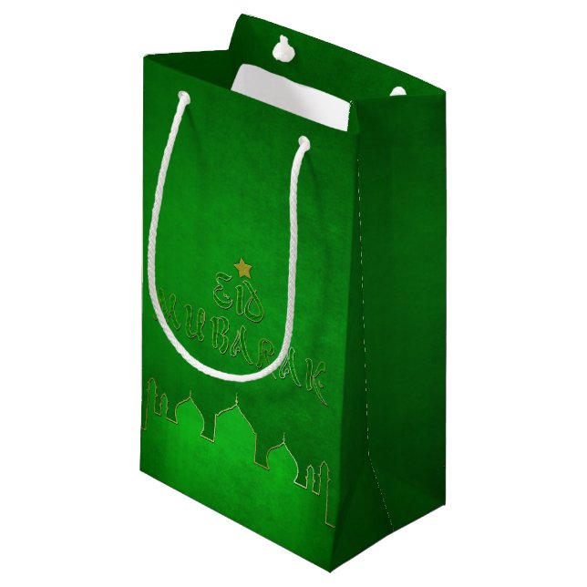 Sacola Para Presentes Pequena Mesquita Dourada Verde Eid Mubarak (Frente inclinada)