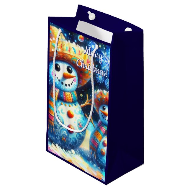 Sacola Para Presentes Pequena Mexicanos de Arte Folclórica Snowman Pessoas de ne (Frente inclinada)