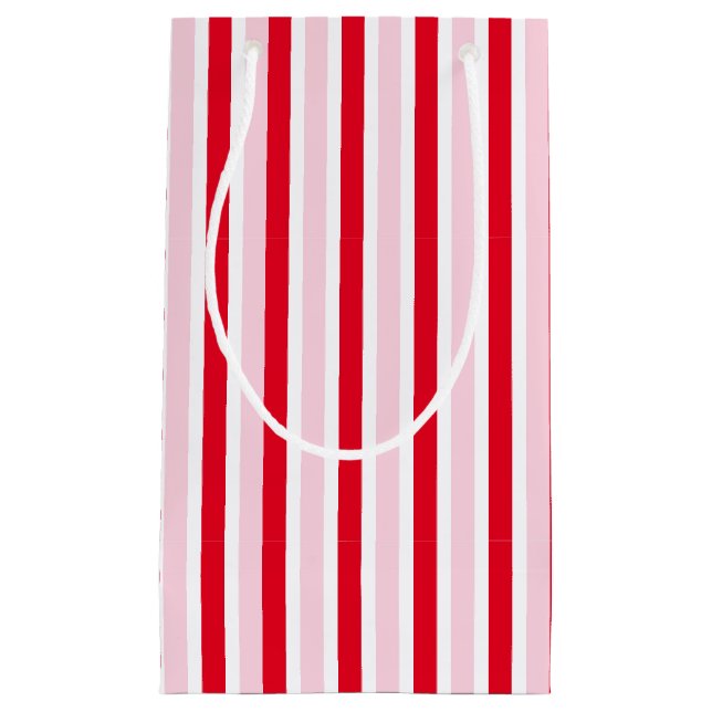 Sacola Para Presentes Pequena Modern Pink Red Striped Christmas (Frente)
