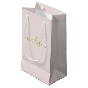 Sacola Para Presentes Pequena Moderno Feminino Chique Rosa Bege Script Dourado