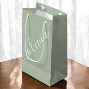 Sacola Para Presentes Pequena Moderno Minimalista Elegante Verde Sage Script