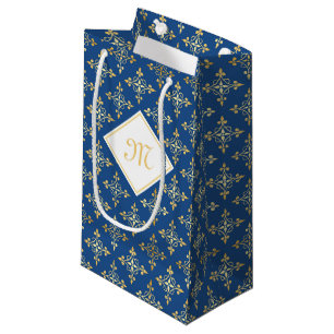 Sacola Para Presentes Pequena Monograma Azul e Dourado Quatre Floral