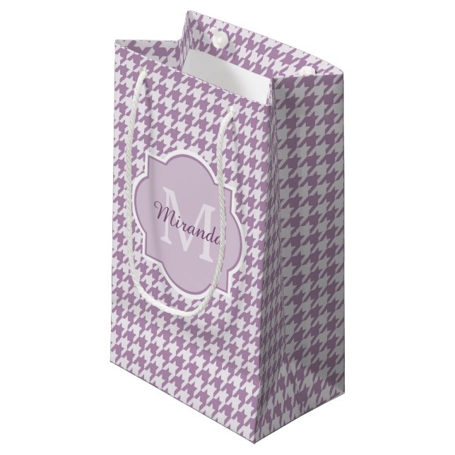 Sacola Para Presentes Pequena Monograma Chic Light Purple Houndstooth Com Nome (Frente inclinada)