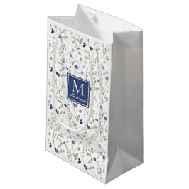 Sacola Para Presentes Pequena Monograma de Aquarela de Flor Silvestre Azul