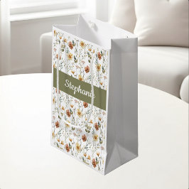 Sacola Para Presentes Pequena Monograma de Aquarela de Flor Silvestre Boho Verde