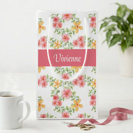 Sacola Para Presentes Pequena Monograma de Aquarela de Flor Silvestre Laranja Ro