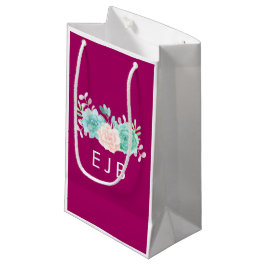 Sacola Para Presentes Pequena Monograma de Buquê Floral Rosa Pastel e Verde