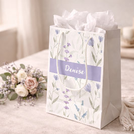 Sacola Para Presentes Pequena Monograma de Nome Aquarela Flor Silvestre Azul Rox