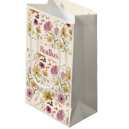 Sacola Para Presentes Pequena Monograma de Nome com Flor Silvestre Rosa em Aquar