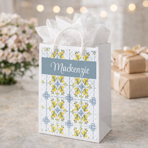 Sacola Para Presentes Pequena Monograma de Nome com Limão em Azul Francês Countr