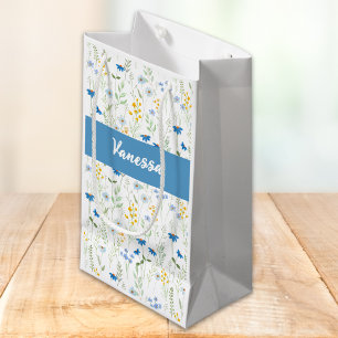Sacola Para Presentes Pequena Monograma de Nome de Flor Silvestre Aquarela Azul