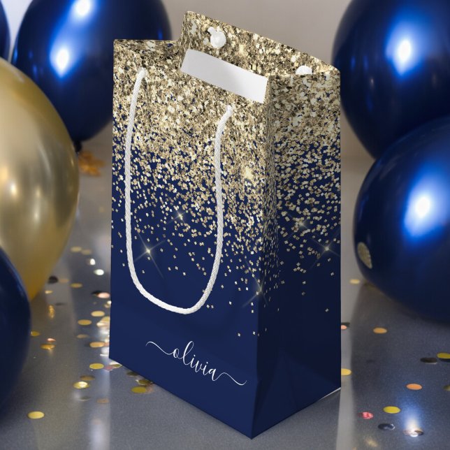 Sacola Para Presentes Pequena Monograma de Nome Glitter Azul Marinho Dourado Fem (Criador carregado)