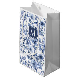 Sacola Para Presentes Pequena Monograma de Padrão Toile Floral Azul Vintage