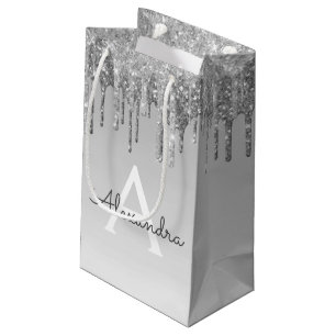 Sacola Para Presentes Pequena Monograma de prata luxuoso do brilho & da faísca