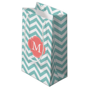 Sacola Para Presentes Pequena Monograma do padrão Mint e Coral Zigzag