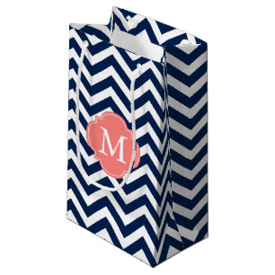 Sacola Para Presentes Pequena Monograma do padrão Zigzag azul e coral