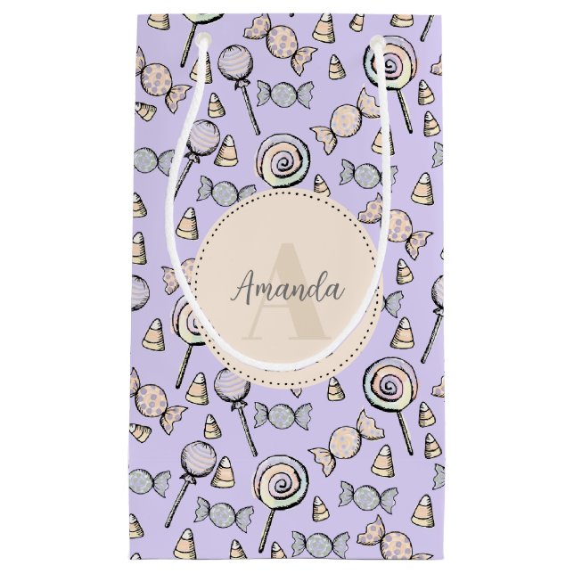 Sacola Para Presentes Pequena Monograma e Nome do Tema do Doces Púrpura Pastel (Frente)