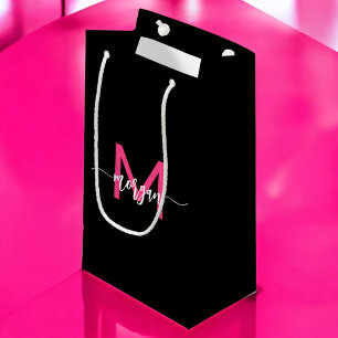 Sacola Para Presentes Pequena Monograma Na moda Moderno Rosa Quente Preto