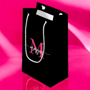 Sacola Para Presentes Pequena Monograma Na moda Moderno Rosa Quente Preto