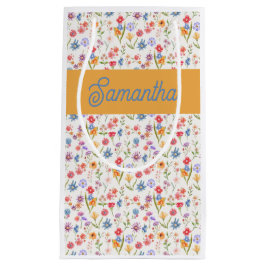 Sacola Para Presentes Pequena Monograma Nome Aquarela Flor Silvestre Azul Roxo
