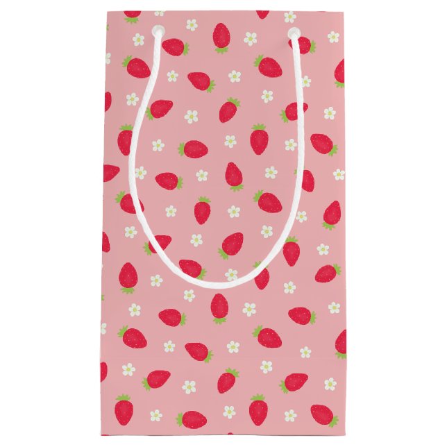 Sacola Para Presentes Pequena Morangos Rosa de Verão (Frente)