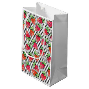 Sacola Para Presentes Pequena Morangos vermelhas da aguarela em pontos pretos &