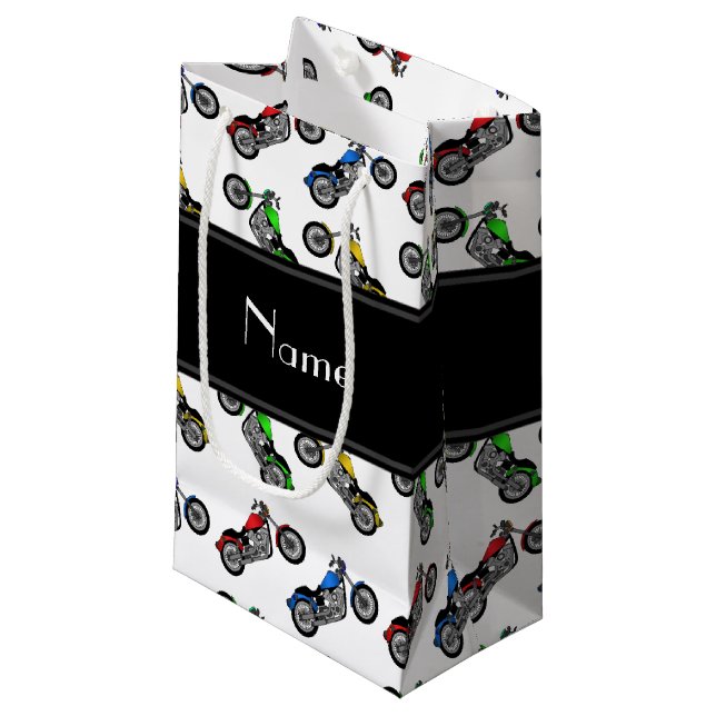 Sacola Para Presentes Pequena Motociclos brancos de nome personalizado (Frente inclinada)