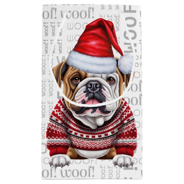 Sacola Para Presentes Pequena Na moda Bulldog e Woof Word Art Natal (Verso)